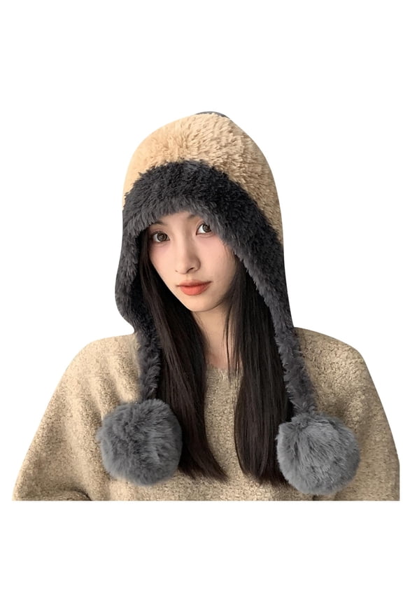 Winter Beanie Hats For Women Warm Knit Skull Cap Fur Hat With Pompom Russian Ushanka Trapper Hat Ear Cover Khaki