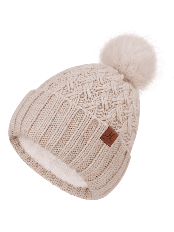 Winter Beanie Hats for Women with Fleece Lined Knitted Warm Womens Pom Pom Hat Chunky Cable Skull Cap Gifts