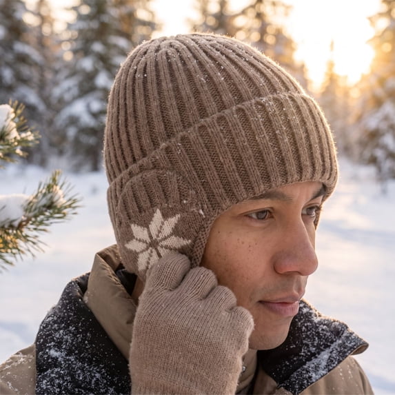 Winter Beanie Hats with Ear Flaps for Men Women, Lined Beanie Warm Winter Knitted Hat, Outdoor Windproof Knit Skull Cap Khaki