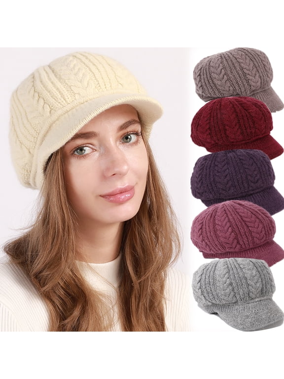 Winter Beanie Knit Hat for Women Fleece Lined Knitted Snow Ski Caps with Visor Soft Warm Slouchy Beanie with Brim for Women Ladies
