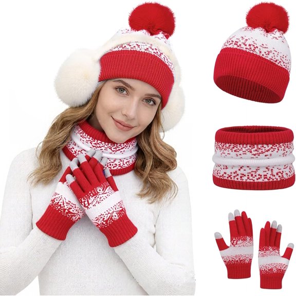 Winter Beanie Scarf Gloves Set, Warm Fleece Hat  Warmer Touch Screen Gloves  Ear Warmer 4 in 1  Set for Women