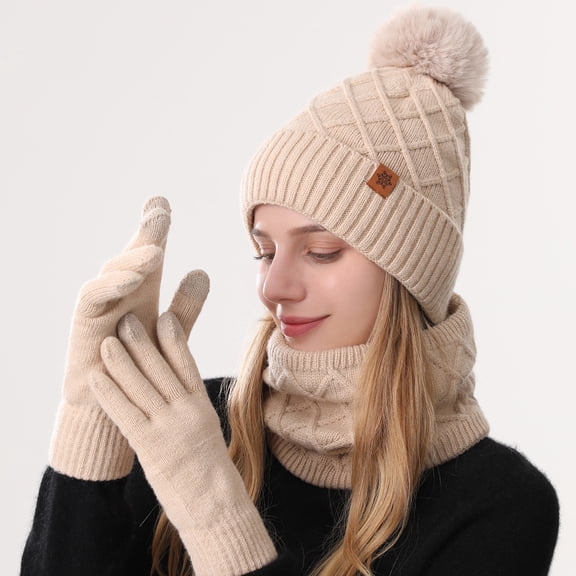 Winter Beanie Scarf Gloves Set for Women, Knit Touch Screen Gloves Fleece Lined Gift