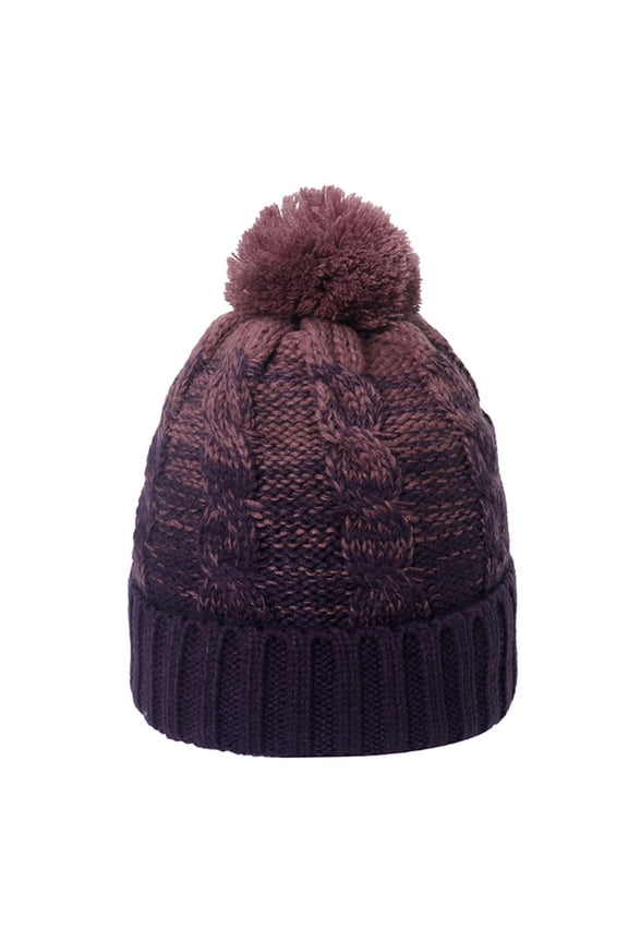 Winter Beanie Soft Cuff Pom Pom Stripe Knit Skull Slouch Ski Hat Gradient Colour Mixed Wool Knit Cap-Purple