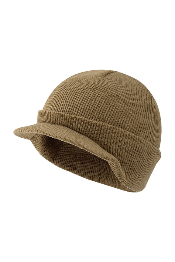 Winter Beanie With Brim For Men Women Thick Warm Stylish Knit Beanie Hat Khaki