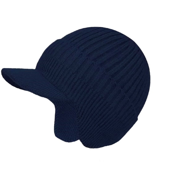 Winter Beanie for Men with Brim and Ear Flaps Outdoor Warm Windproof Fleece Lined Knit Hat Stocking Caps Blue One Size