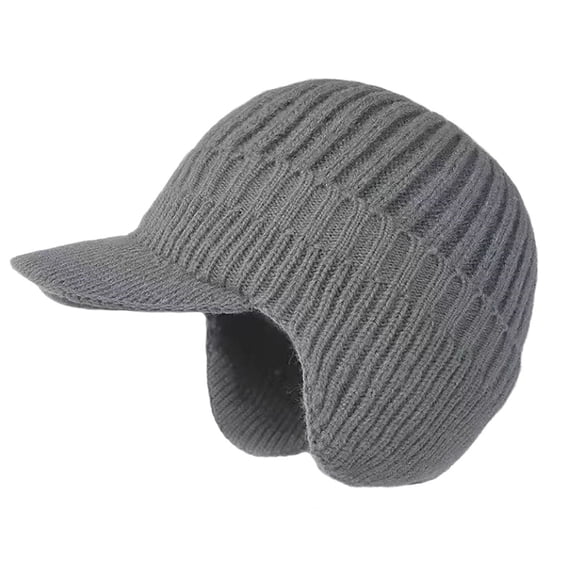Winter Beanie for Men with Brim and Ear Flaps Outdoor Warm Windproof Fleece Lined Knit Hat Stocking Caps Gray One Size