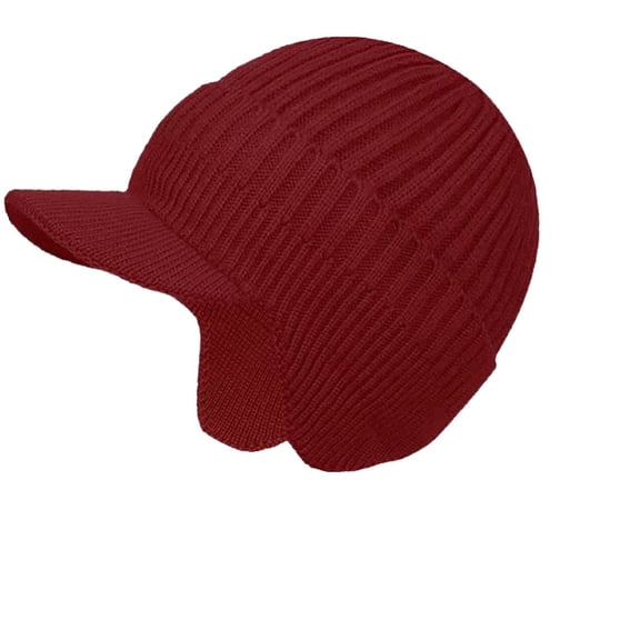 Winter Beanie for Men with Brim and Ear Flaps Outdoor Warm Windproof Fleece Lined Knit Hat Stocking Caps Red One Size