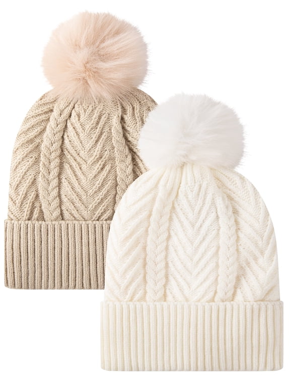 Winter Beanie for Women Winter Hats Soft Thick Lined with Pom Pom Warm Knitted Snow Cap for Women 2 Packs