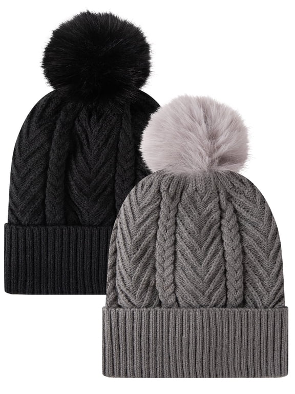 Winter Beanie for Women Winter Hats Soft Thick Lined with Pom Pom Warm Knitted Snow Cap for Women 2 Packs