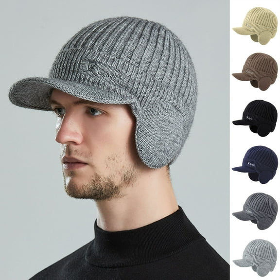 Winter Beanie w/Visor & Earflaps for Men Outdoor Winter Knitted Hat