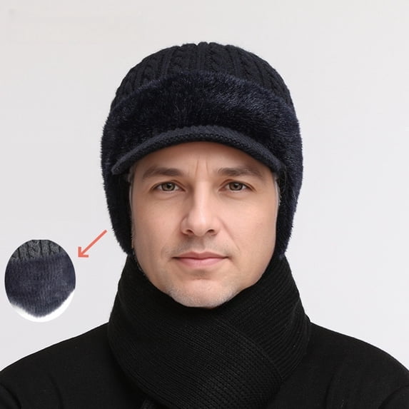Winter Beanie with Brim Ear Flaps for Men Women, Warm Fleece Lined Knit Hat Stocking Caps for Cold Weather (Black)
