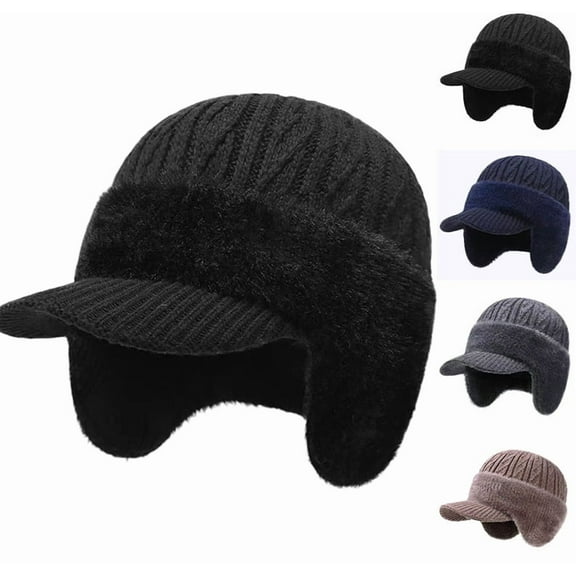 Winter Beanie with Brim Ear Flaps for Men Women, Warm Fleece Lined Knit Hat Stocking Caps for for The Cold Weather Black One Size