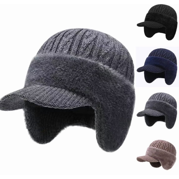 Winter Beanie with Brim Ear Flaps for Men Women, Warm Fleece Lined Knit Hat Stocking Caps for for The Cold Weather Gray One Size
