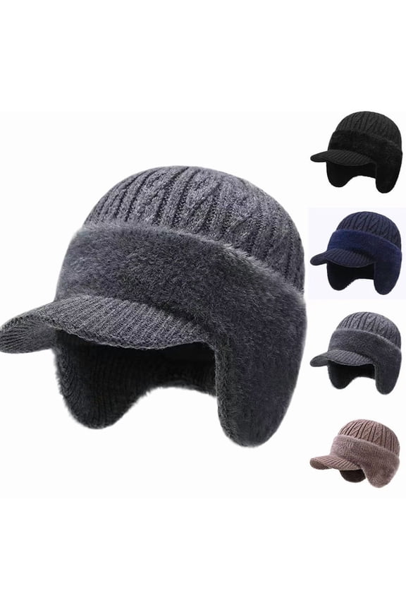 Winter Beanie with Brim Ear Flaps for Men Women, Warm Fleece Lined Knit Hat Stocking Caps for for The Cold Weather Gray One Size