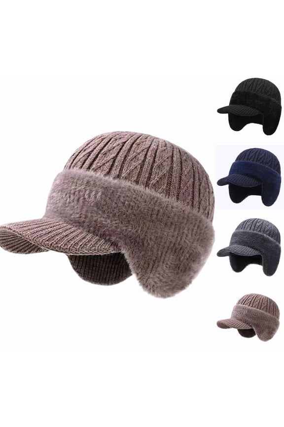 Winter Beanie with Brim Ear Flaps for Men Women, Warm Fleece Lined Knit Hat Stocking Caps for for The Cold Weather Khaki One Size