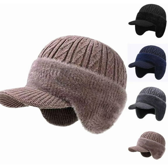 Winter Beanie with Brim Ear Flaps for Men Women, Warm Fleece Lined Knit Hat Stocking Caps for for The Cold Weather Khaki One Size