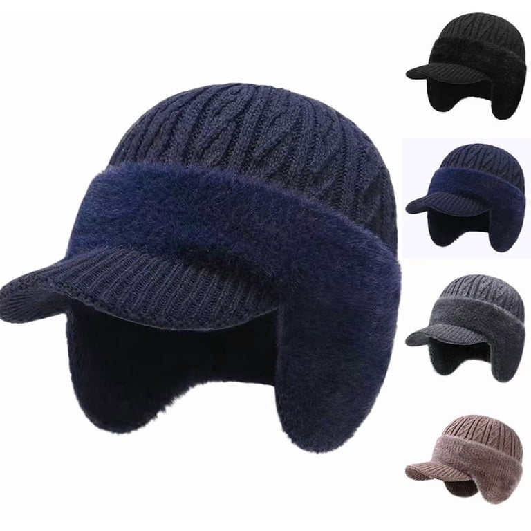 Winter Beanie with Brim Ear Flaps for Men Women, Warm Fleece 