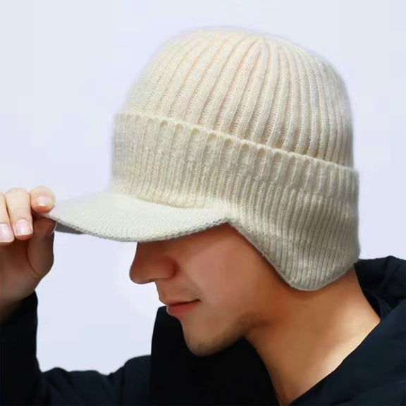 Winter Beanie with Brim Ear Flaps for Men Women, Warm Fleece Lined Knit Hat Stocking Caps for for The Cold Weather White
