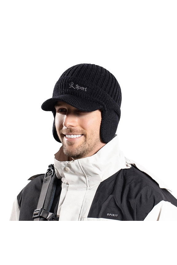Winter Beanie with Brim and Ear Flaps, Lined Warm Knit Hat for Men Women (Black One Size)