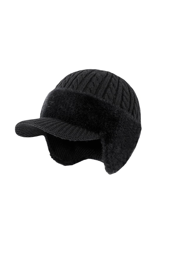 Winter Beanie with Brim and Ear Flaps, Lined Warm Knit Hat for Men Women Outdoor Thermal Stocking Cap