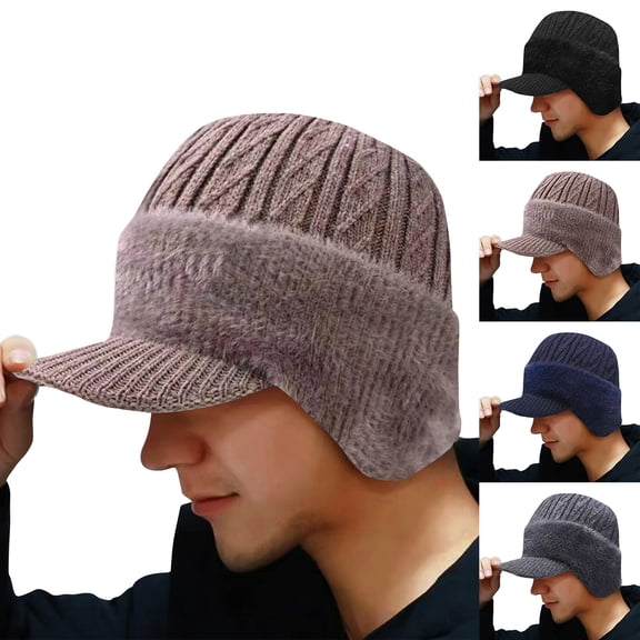 Winter Beanie with Brim and Ear Flaps, Fleece Lined Warm Knit Hat for Men Women Outdoor Thermal Stocking Cap