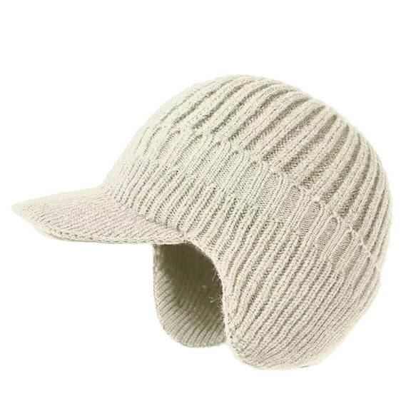 Winter Beanie with Brim and Ear Flaps, Knit Warm Knit Hat for Men Women Outdoor Thermal Stocking Cap