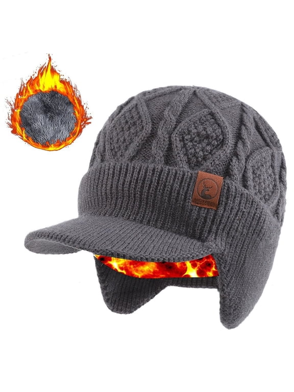 Winter Beanie with Brim and Ear Flaps, Outdoor Warm Fleece Lined Knit Hat Stocking Caps for Men Women