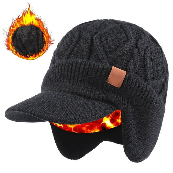 Winter Beanie with Brim and Ear Flaps, Outdoor Warm Lined Knit Hat Stocking Caps for Men Women