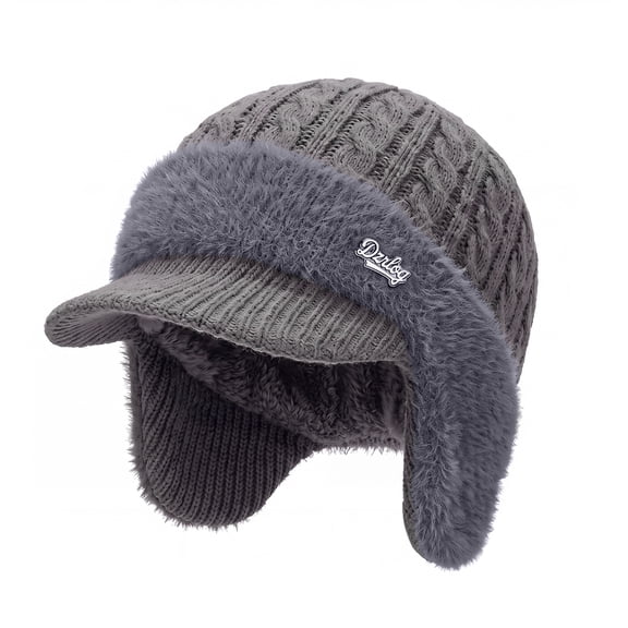 Winter Beanie with Brim and Ear Flaps, Outdoor Warm Fleece Lined Knit Hat Stocking Caps for Men Women
