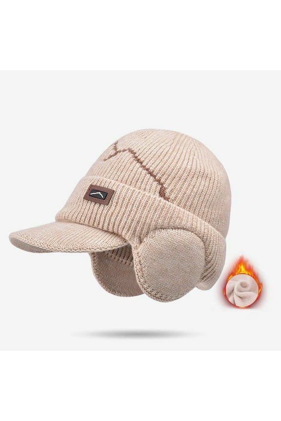 Winter Beanie with Brim and Ear Flaps, Outdoor Warm Fleece Lined Knit Hat Stocking Caps for Men Women