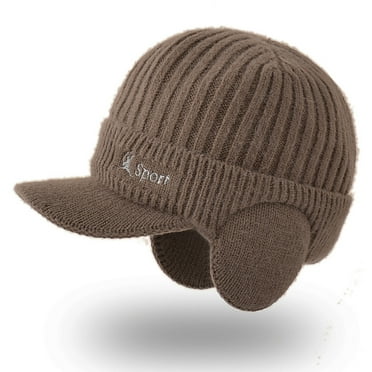 Winter Beanie with Visor Earflaps for Men Warm Knit Hat Outdoor Sports Ski Cycling Hat Fleece Lined Skull Cap - khaki