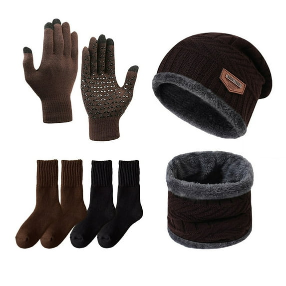 Winter Beanies Gloves Scarf Sock Sets for Men Fleece Lined Skull Cap Neck Warmer Touch Screen Gloves and Thicken Socks Set, Brown