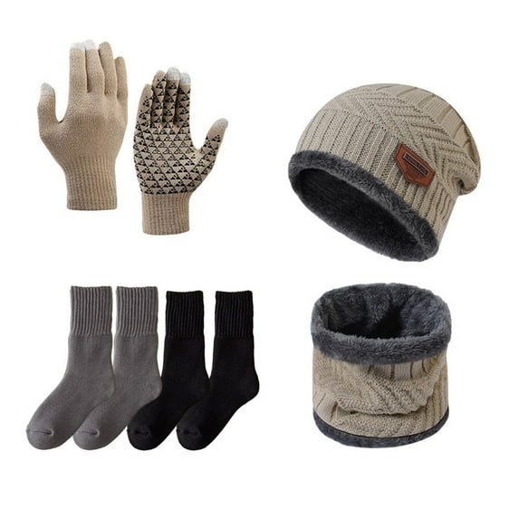 Winter Beanies Gloves Scarf Sock Sets for Men Fleece Lined Skull Cap Neck Warmer Touch Screen Gloves and Thicken Socks Set, Khaki