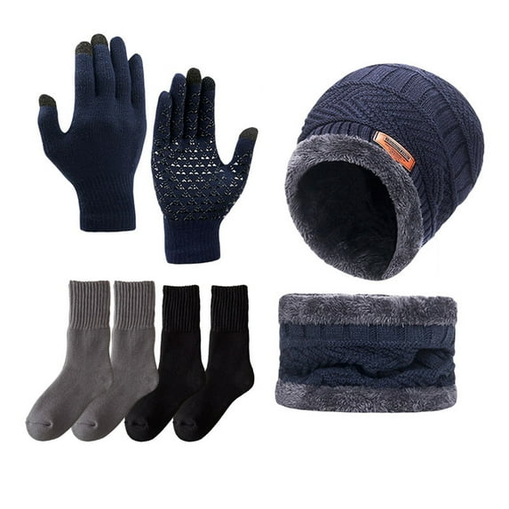 Winter Beanies Gloves Scarf Sock Sets for Men Fleece Lined Skull Cap Neck Warmer Touch Screen Gloves and Thicken Socks Set, Navy
