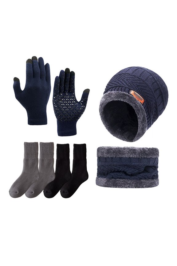 Winter Beanies Gloves Scarf Sock Sets for Men Fleece Lined Skull Cap Neck Warmer Touch Screen Gloves and Thicken Socks Set, Navy