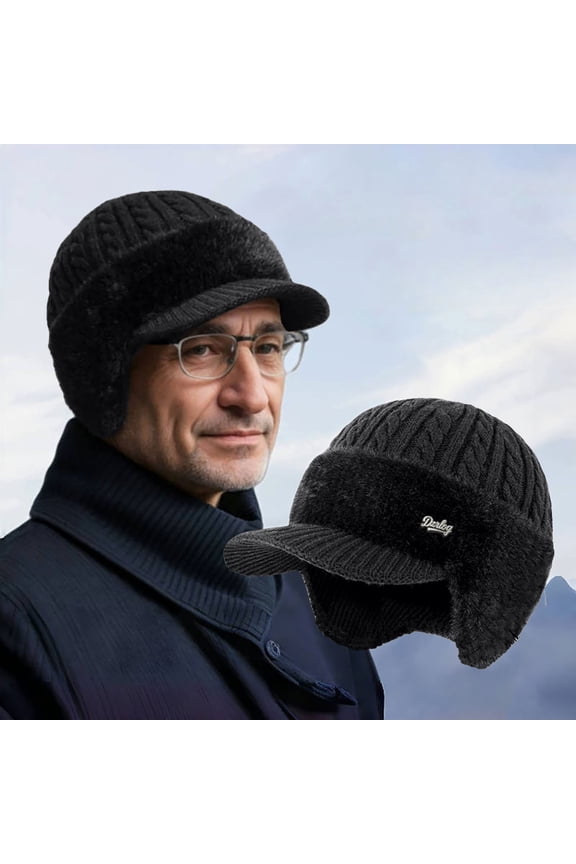 Winter Beanies Hats for Men with Ear Flaps and Brim Ski Cap for Cold Weather & Large Heads Head Warm Knit Stocking Cap for Outdoor Skiing Cold Protection Hats with Visor Thermal Skull Cap Trapper Hat