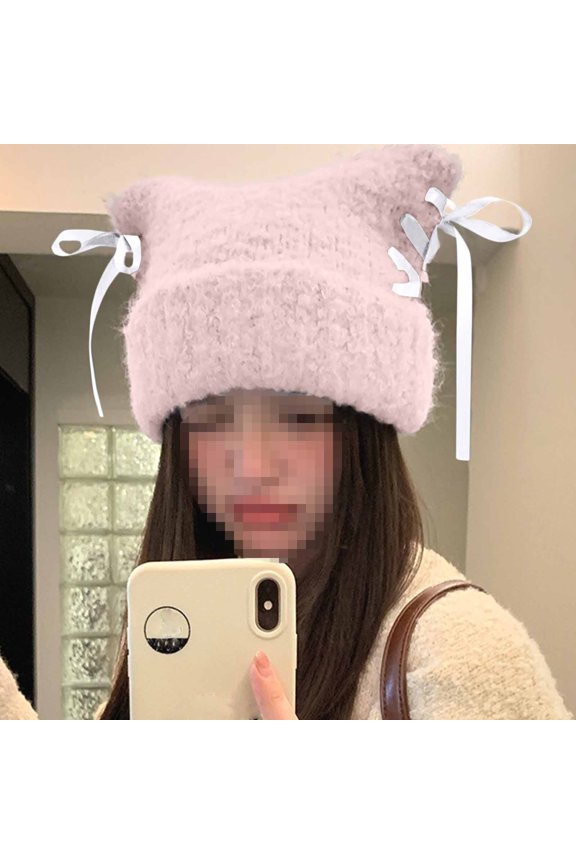 Winter Beanies Women's Winter Fashion Solid Color Bow Playful Ram's Horn Thickening Knitted Hat