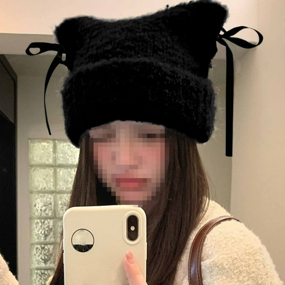 Winter Beanies Women's Winter Fashion Solid Color Bow Playful Ram's Horn Thickening Knitted Hat
