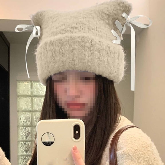 Winter Beanies Women's Winter Fashion Solid Color Bow Playful Ram's Horn Thickening Knitted Hat