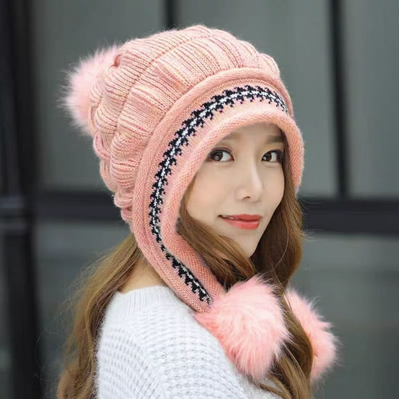 Winter Beanies Women's Winter Printing Warmth Plush Protection Thick Hats with Faux Fur Pom Cuff Beanie
