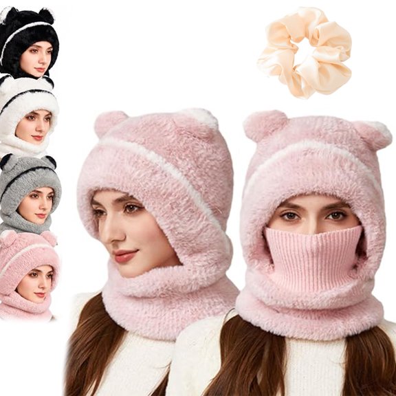 Winter Bear Ear Balaclava Beanie, 3 in 1 Fleece Hooded Ski Mask for Adults| Cute Bear Ears And Soft Fleece,3-Way Wear,Face And Neck Coverage,One Size Unisex Fit,Winter Outdoor Comfort(Pink)