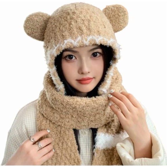 Winter Bear Ear Beanie Knit Warm Slouchy Hat for Women Fleece Lined Knitted Bucket Cap Beanies Hats Ear Protection