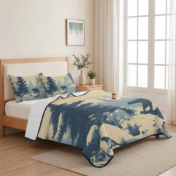 Winter Bear Evergreen Trees 3 Pieces Quilt Set,1 Quilt with 2 Shams,Rustic Snow River Bedspread Soft Lightweight Bedding Coverlet Comforter Set for All Season 68"x98"