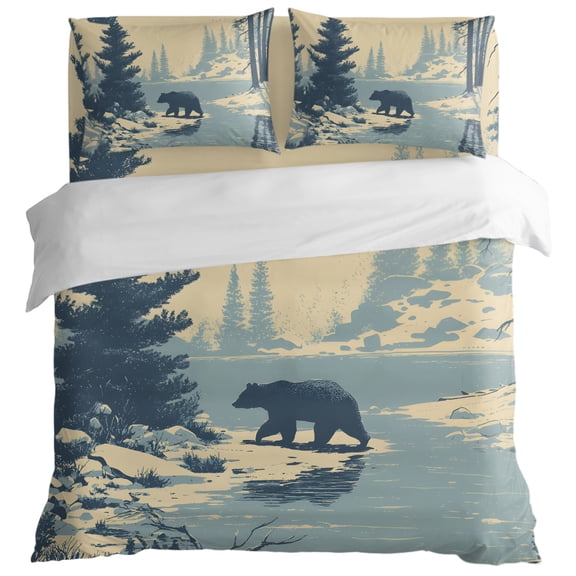 Winter Bear Evergreen Trees King Size Bed Set,Rustic Snow River Bedding for All Seasons,4 Pcs Bed Set with 1 Quiltcover (104"x90"),1 Sheet (108"x98"),2 Pillowcases (20"x36")