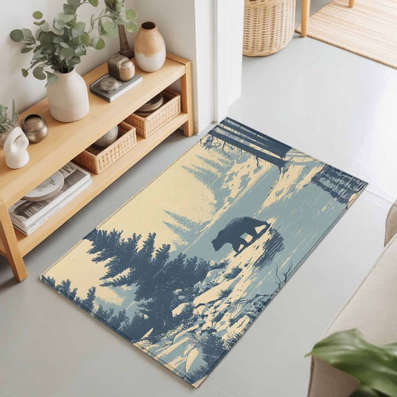 Winter Bear Evergreen Trees Rectangle Area Rug 2x3ft,Living Room Rug Non-Slip Washable Circle Rugs Pad,Rustic Snow River Soft Floor Carpet for Bedroom Dining Room