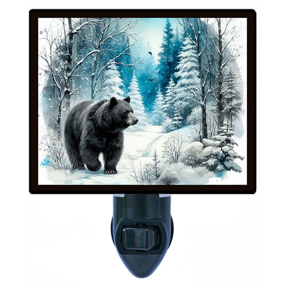 Winter Bear Night Light Black Bear in Snowy Forest, Peaceful Nature Scene, Cabin and Woodland Dcor, Free Switchable Insert