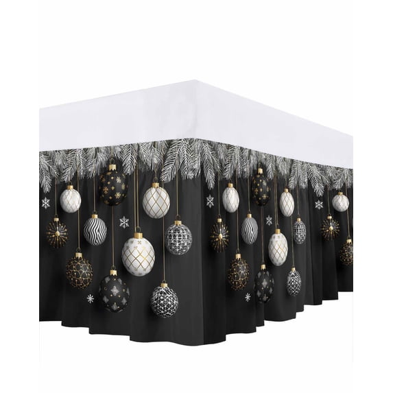 Winter Bed Skirt Christmas Ball Pine Needles Black White Bed Skirts King Size 18 Inch Drop, Wrap Around Dust Ruffle Bedskirt with Adjustable Elastic Belt for Queen Size Beds