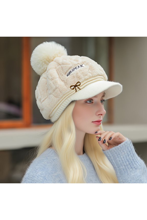 Winter Beret with Bowknot - Lightweight, Warm, Fitted Quick Buckle, Black and Brown Plush Fur, Cute Autumn and Winter Accessory, Christmas Gift, Outdoor Casual Wear, Winter Hat