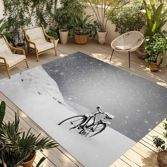 Winter Bike Snowfall Outdoor Rug for Patio/Deck/Porch, Non-Slip Large Area Rug 5 x 8 Ft, Christmas Nature Snowflakes Indoor Outdoor Rugs Washable Area Rugs, Reversible Camping Rug Carpet Runner