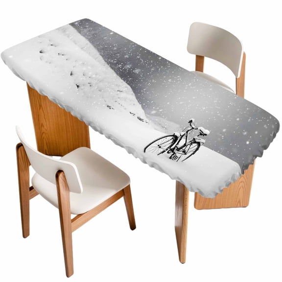 Winter Bike Snowfall Table Cloths for 8 Foot Rectangle Tables, Christmas Nature Snowflakes Patio Waterproof Elastic Fitted Tablecloths, Washable Rectangular Table Cover for Camping